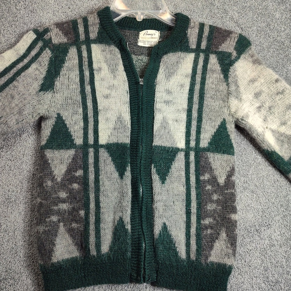 Penney's Vintage Mohair Cardigan Wool Blend Zip Front Sweater Green Gray 36